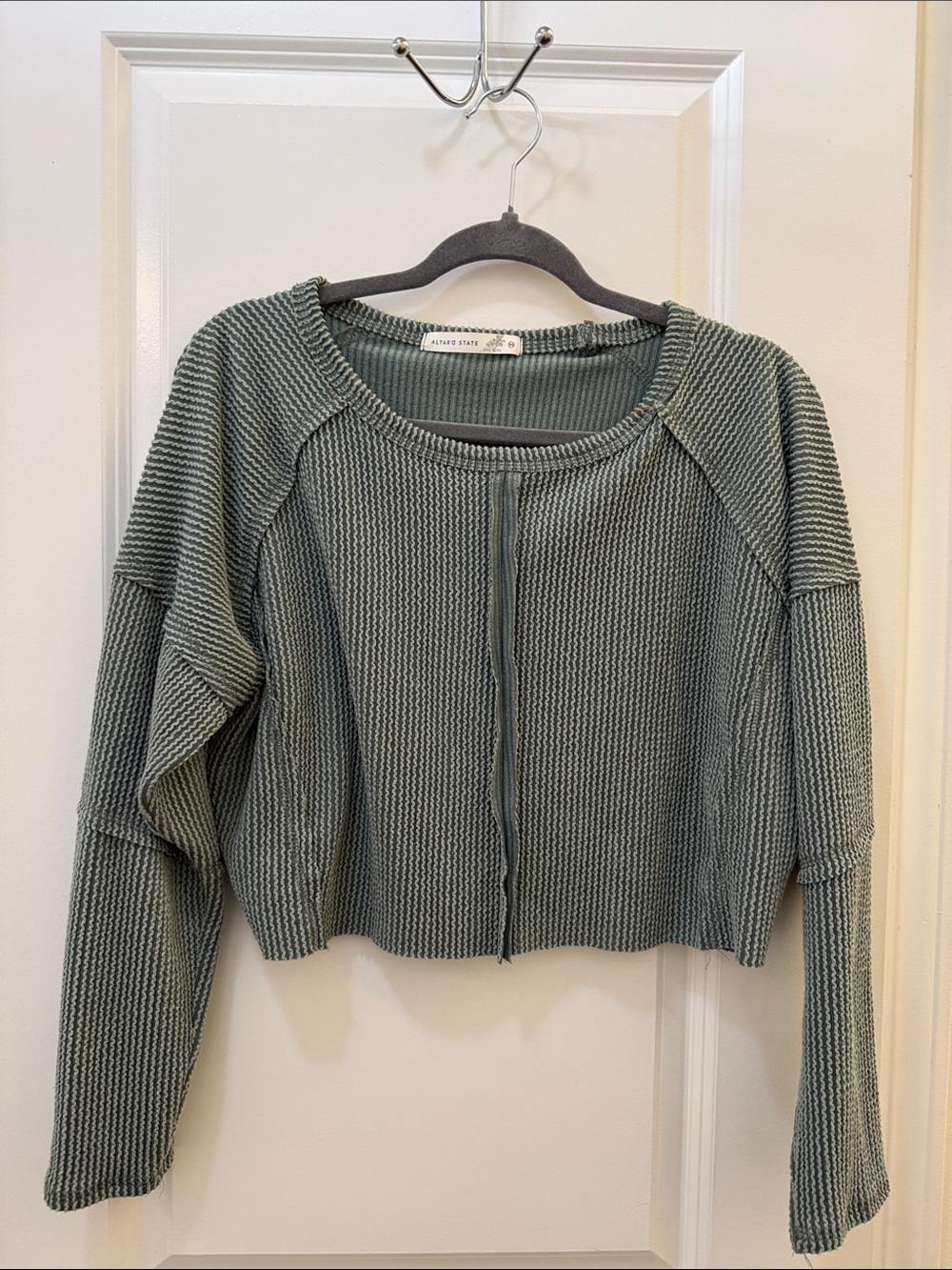 Altar'd State Cropped Waffle Knit Sweater - Sage Green
